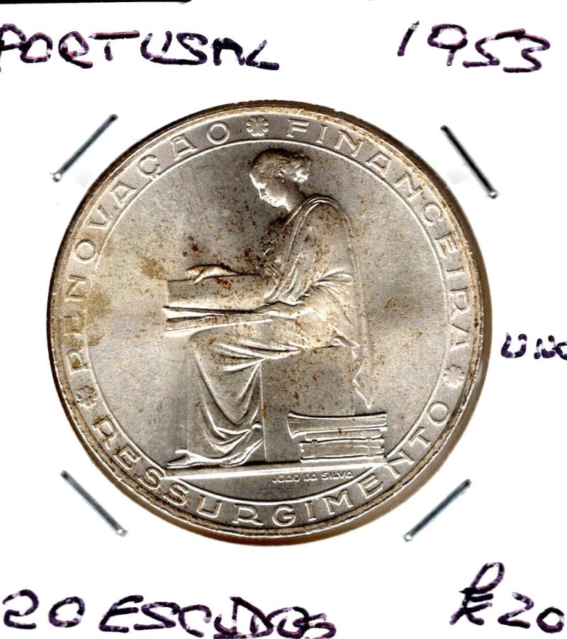 PORTUGAL 1953 20 ESCUDOS UNC