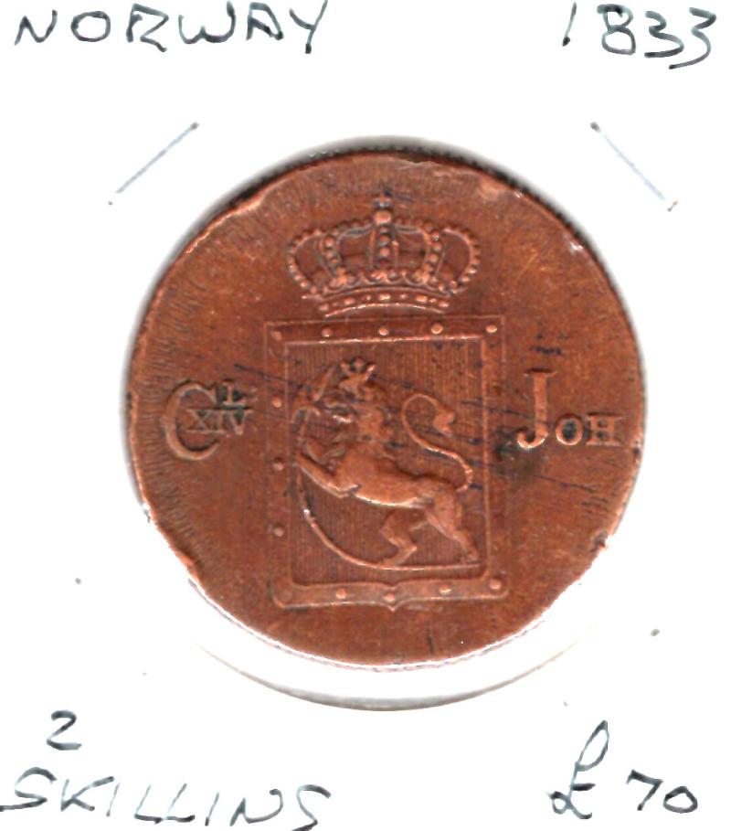 NORWAY 1833 2 SKILLING