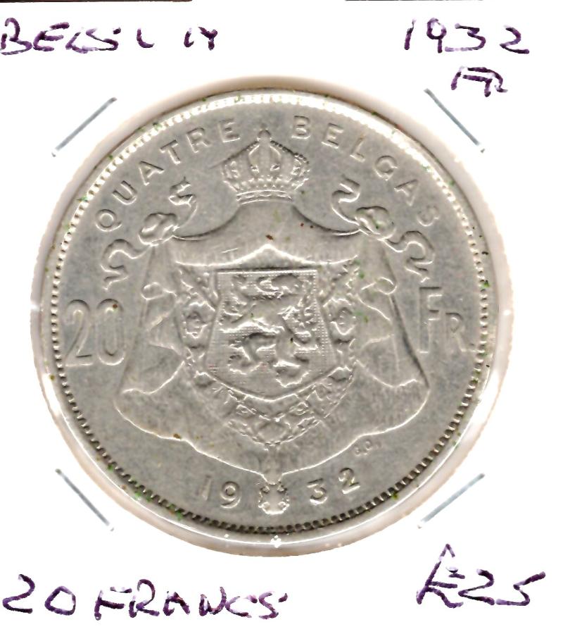 BELGIUM 1932 FR 20 FRANCS (010)