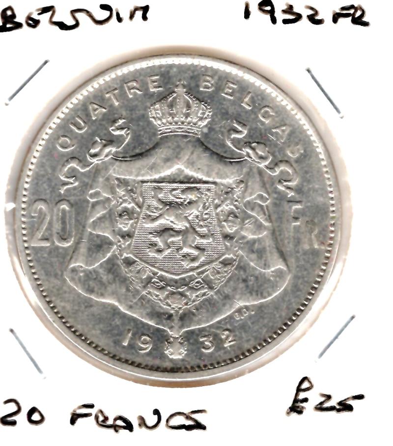 BELGIUM 1932 FR 20 FRANCS (012)