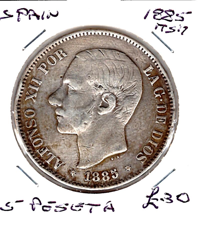 SPAIN 1885 MSM 5 PESETA VF/GVF